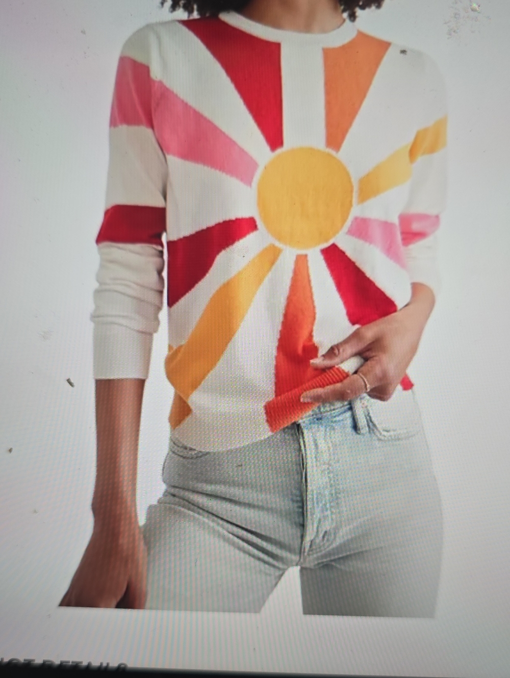 Marine Layer White Crewneck Sweater with Yellow, Red, Pink & Orange Sunburst L